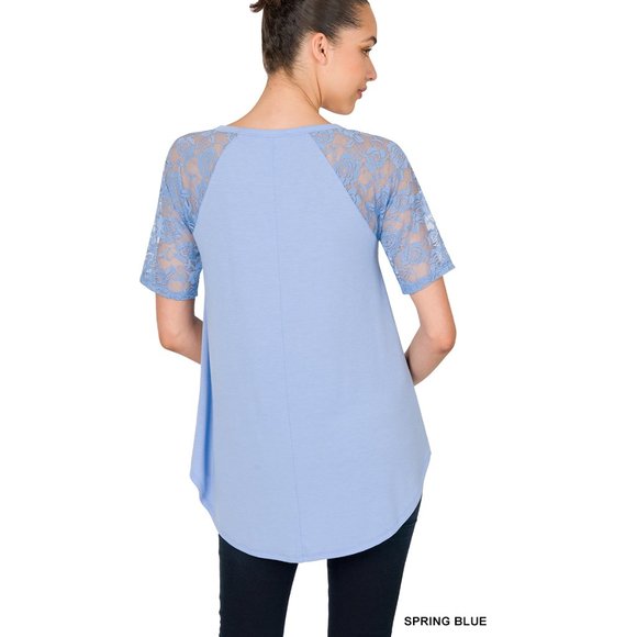 Short Sleeves Top - Spring Blue Color - Lace Sleeves - Round Hem - Picture 3 of 5